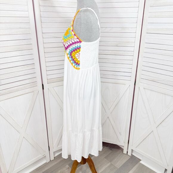 Raviya Crochet Bodice Top Tiered Boho Midi Dress Cover Up White Multi Medium - Picture 3 of 13